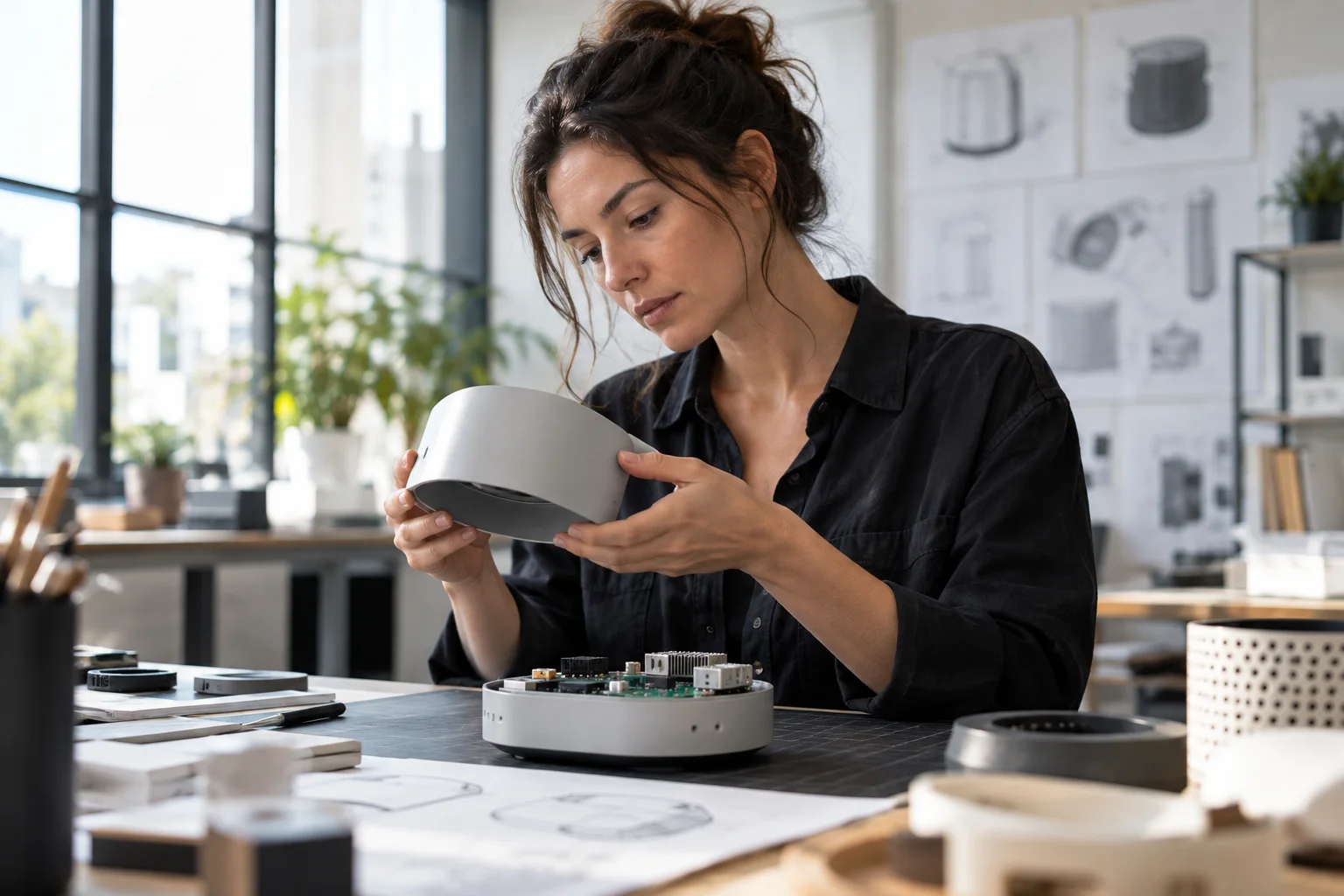 Industrial designer inspecting an intelligent hardware prototype
