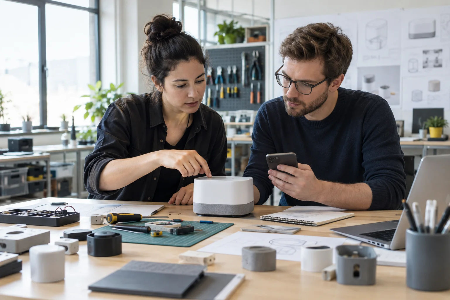 Product team evaluating a connected device prototype