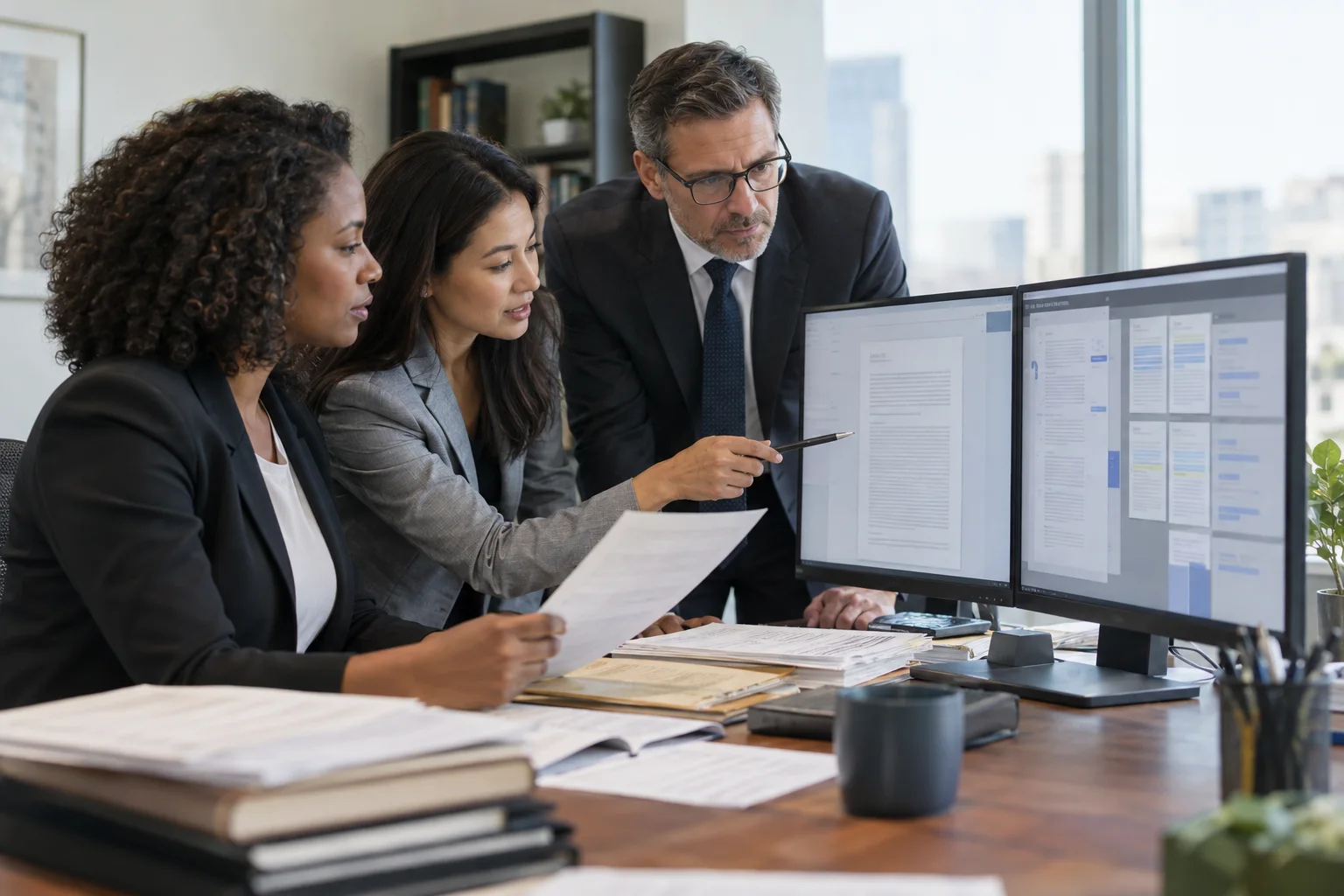 Professional team reviewing AI-assisted document analysis
